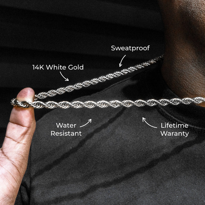 Gold Jewelry -  Mens 14K White Gold Solid Rope Chain