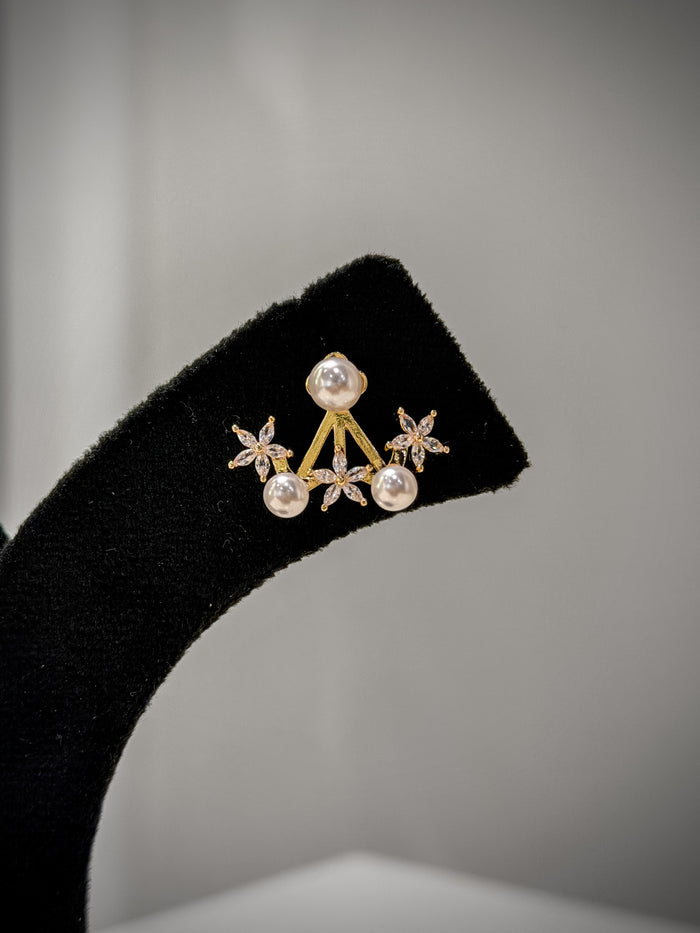 Gold Pearl Crystal Stud Earrings Set