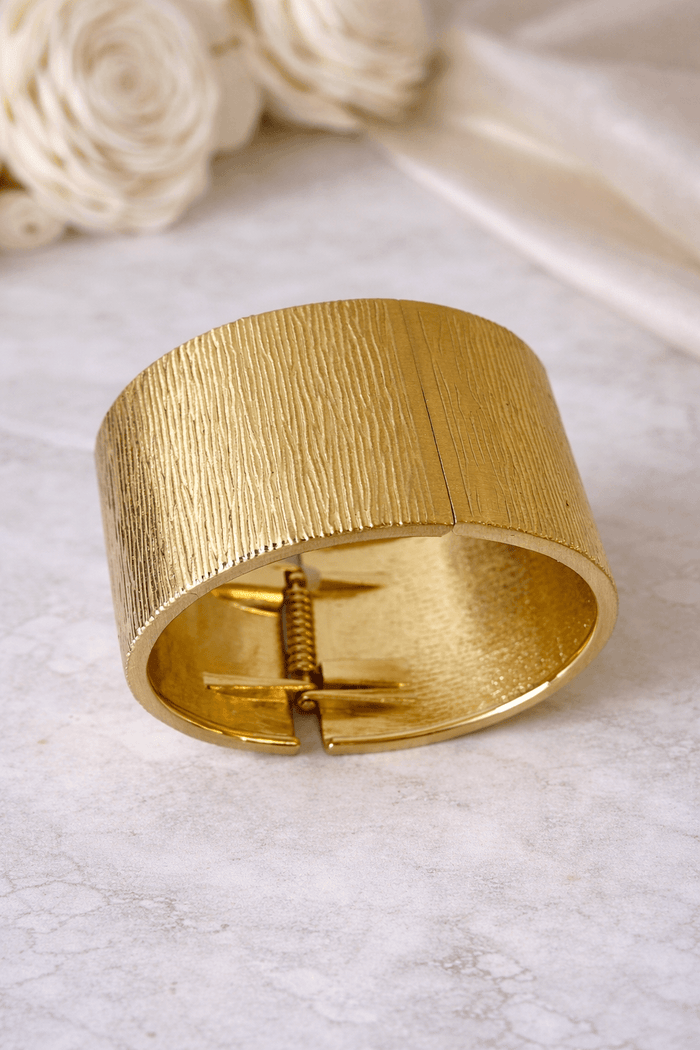 Gold-Plated Wide Bark Texture Hinged Cuff Bracelet