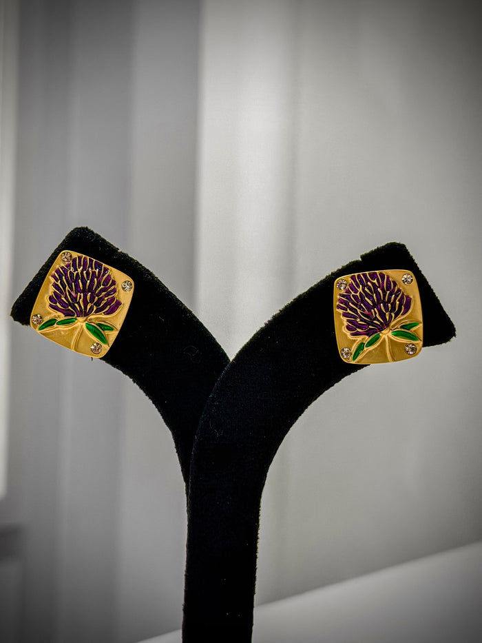 Gold Purple Floral Stud Earrings Set