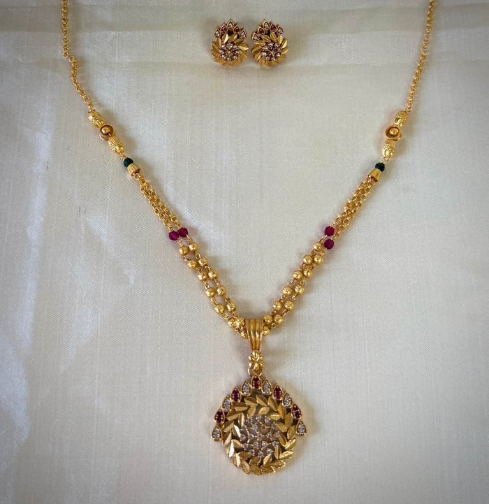Gold Ruby Emerald Beaded Floral Pendant Designer Chain Set