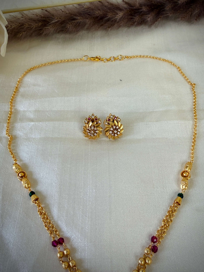 Gold Ruby Emerald Beaded Floral Pendant Designer Chain Set