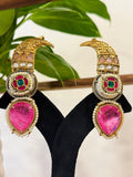 Gold & Silver Pink Stone Kashmiri Earrings