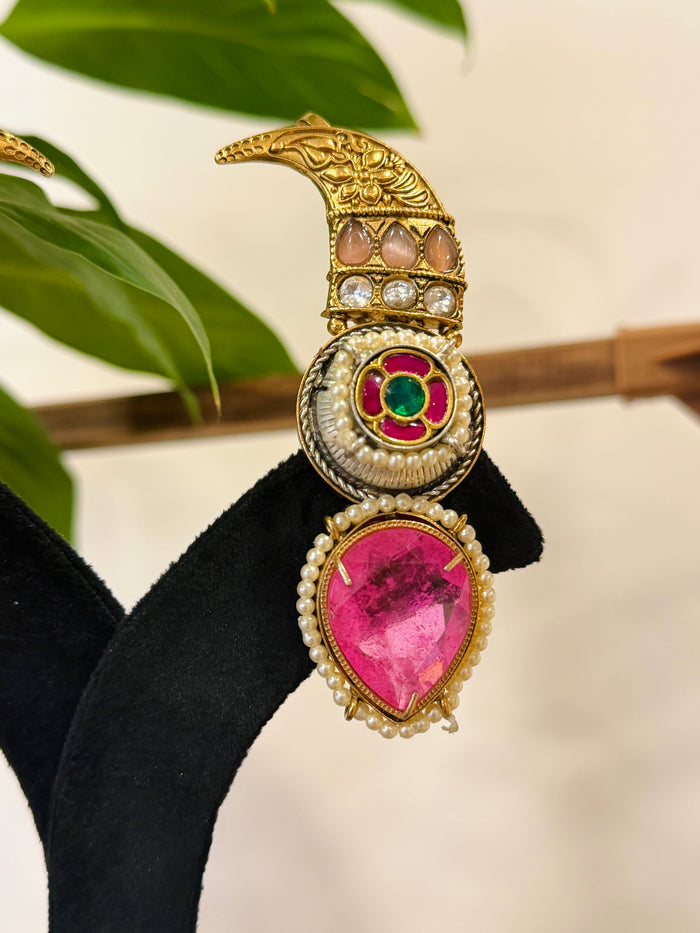 Gold & Silver Pink Stone Kashmiri Earrings