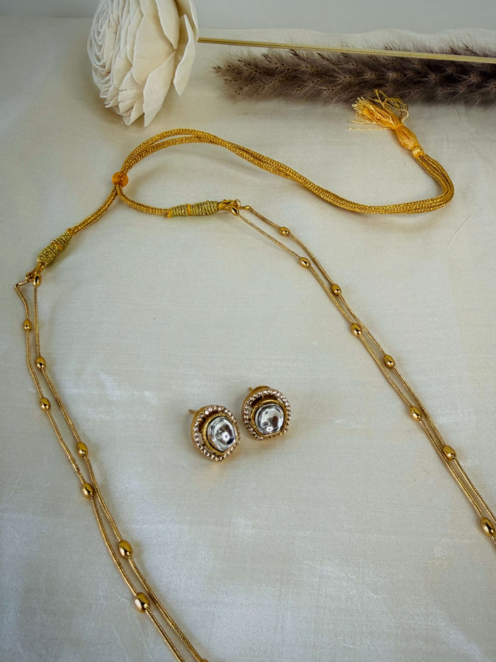 Gold Uncut Kundan Three Tier Drop Pendant Double Layer Chain Set