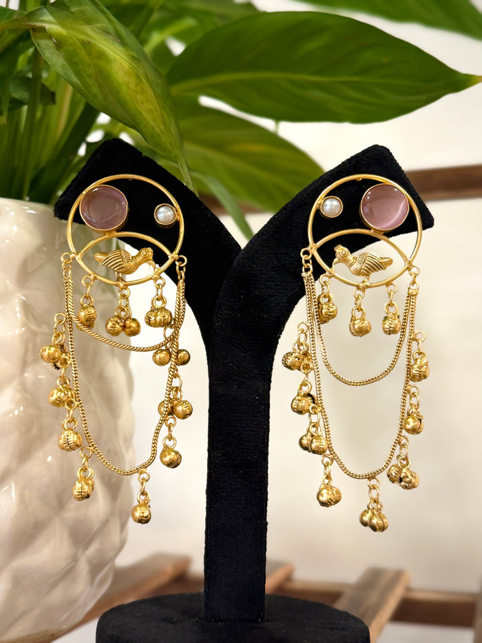 Golden Bird Motif Ghungroo Chain Earring Set