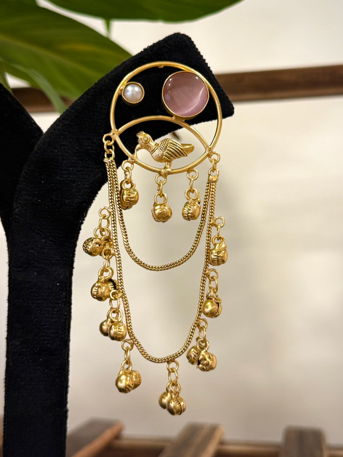 Golden Bird Motif Ghungroo Chain Earring Set
