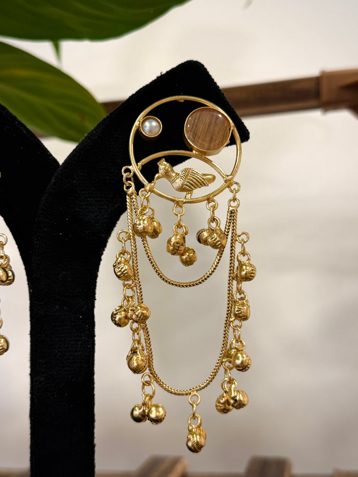 Golden Bird Motif Ghungroo Chain Earring Set