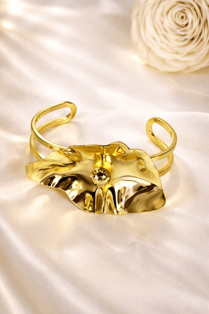 Golden Hammered Disc Double Band Open Cuff Bracelet