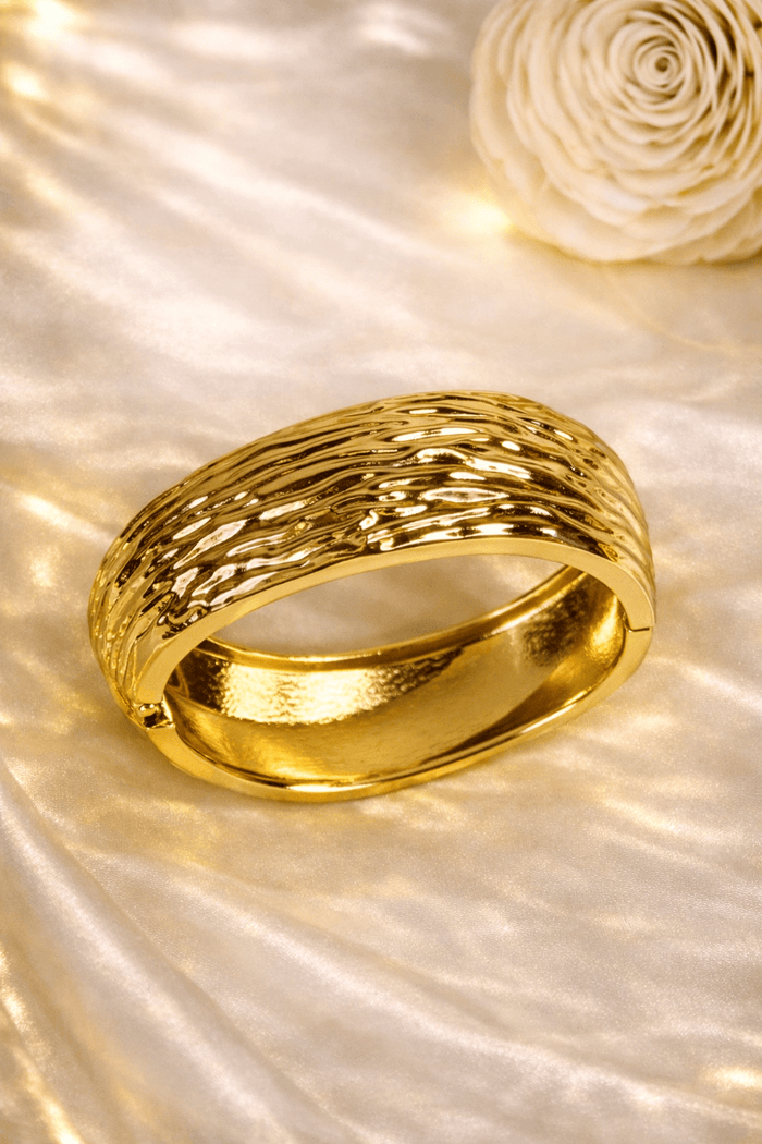 Golden Ripple Texture Wide Hinged Cuff Bracelet