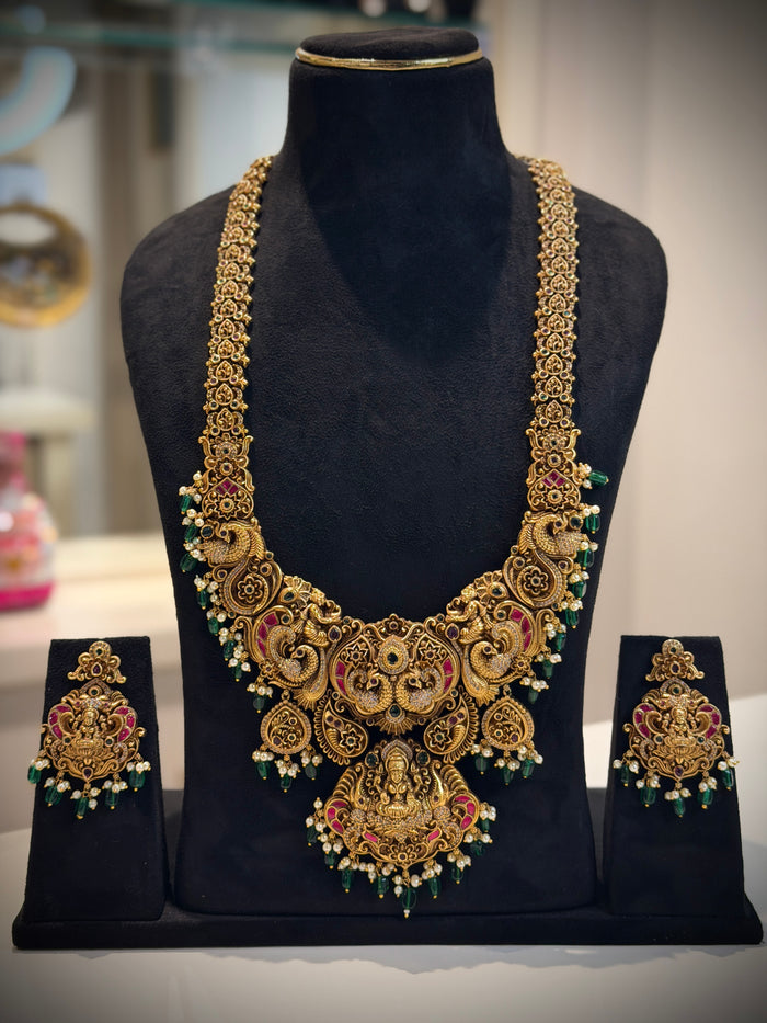 Grand Lakshmi Peacock Temple Haram Necklace Set