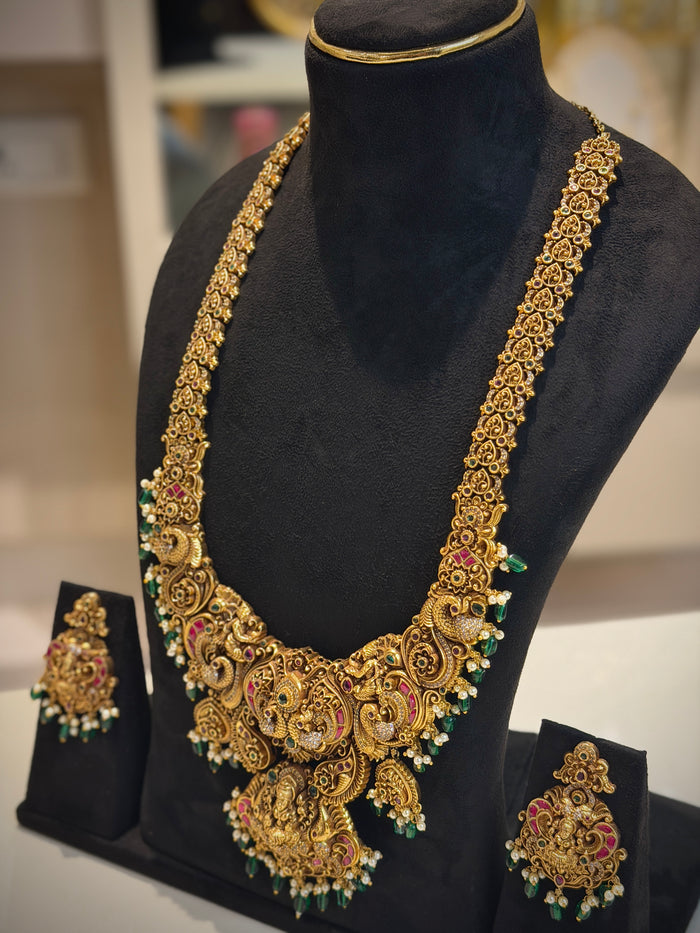 Grand Lakshmi Peacock Temple Haram Necklace Set