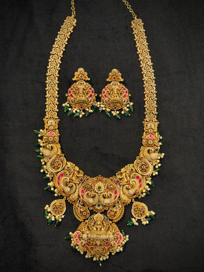 Grand Lakshmi Peacock Temple Haram Necklace Set