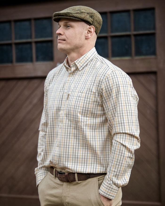 Arrowwood Yellow Check coloured Harkila Haywood Wool Blend Long Sleeve Shirt on outdoor background #colour_arrowwood-yellow-check