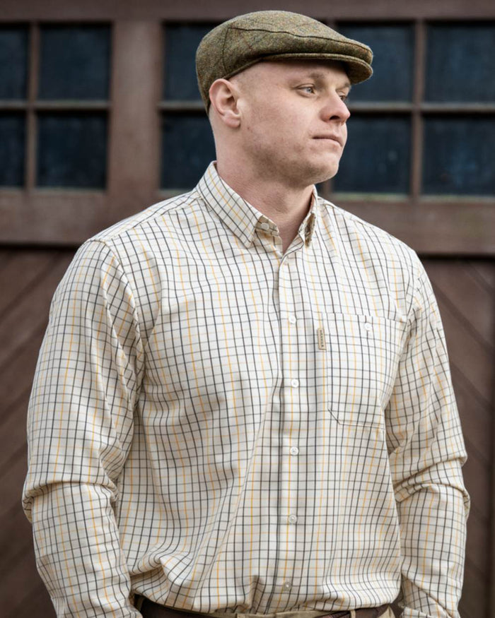 Arrowwood Yellow Check coloured Harkila Haywood Wool Blend Long Sleeve Shirt on outdoor background #colour_arrowwood-yellow-check