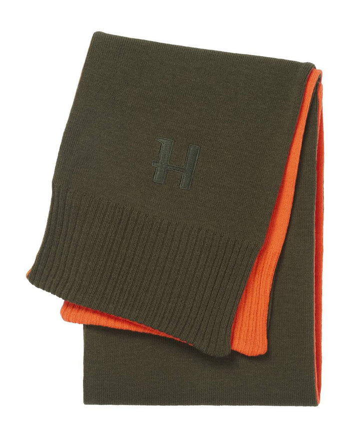 Willow Green Orange Coloured Harkila Reversible Scarf on white background #colour_willow-green-orange