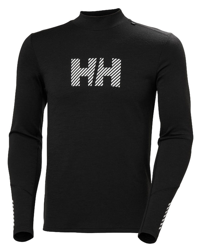 Black Coloured Helly Hansen Mens Lifa Merino Midweight Logo Base Layer on white background #colour_black