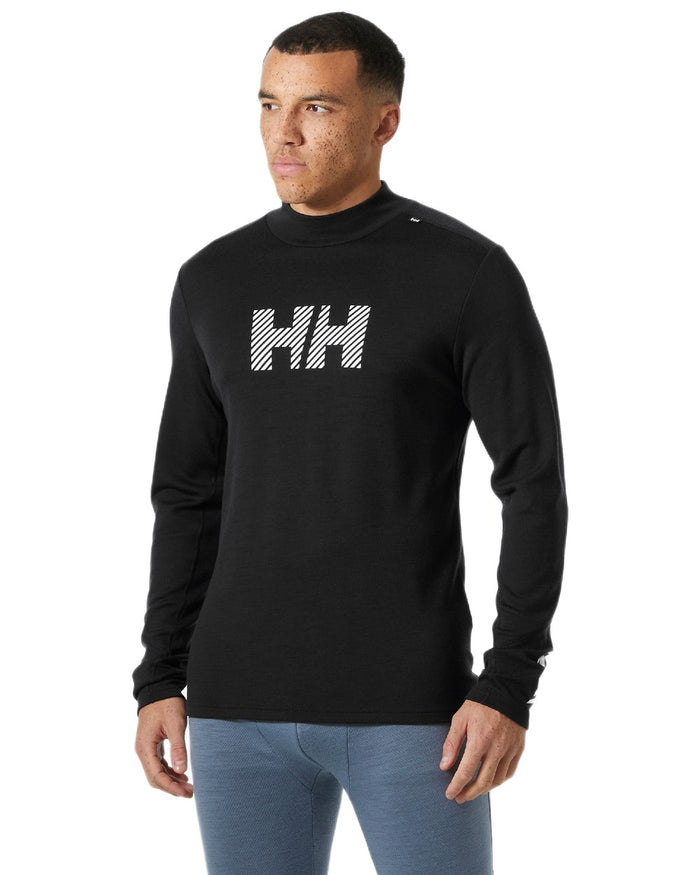 Black Coloured Helly Hansen Mens Lifa Merino Midweight Logo Base Layer on white background #colour_black