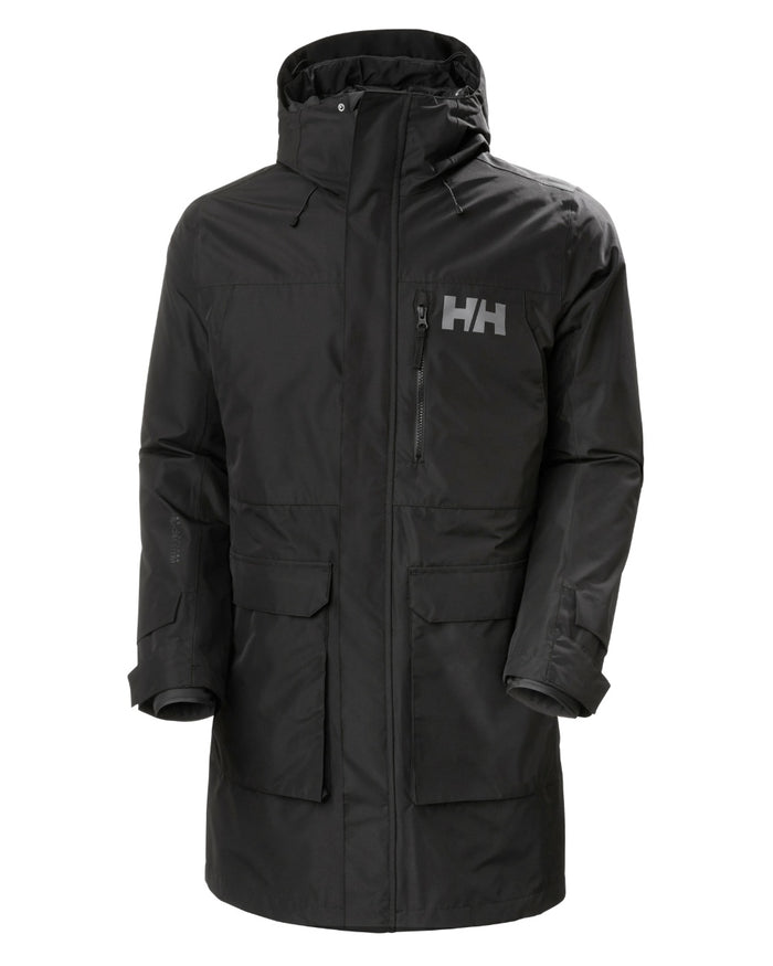 Black Coloured Helly Hansen Mens Rigging Coat on white background #colour_black