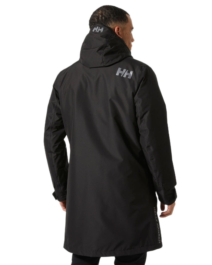 Black Coloured Helly Hansen Mens Rigging Coat on white background #colour_black