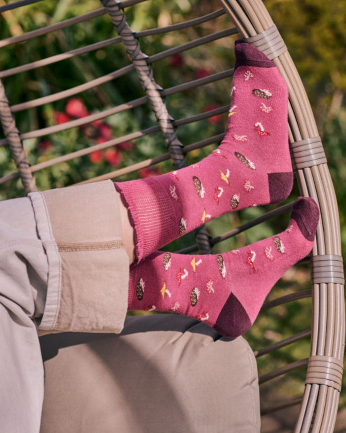 Rose coloured HJ Hall Womens Cotton Comfort Top Socks on garden background #colour_rose