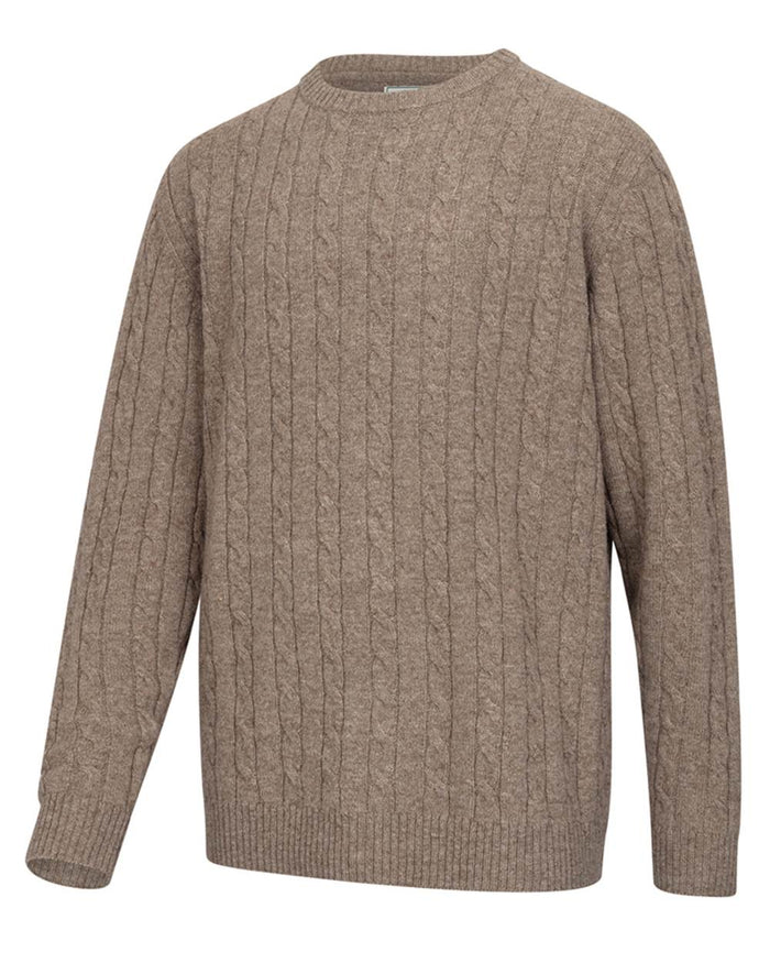 Oatmeal Marl Coloured Hoggs of Fife Mens Jedburgh II Cable Pullover on white background #colour_oatmeal-marl