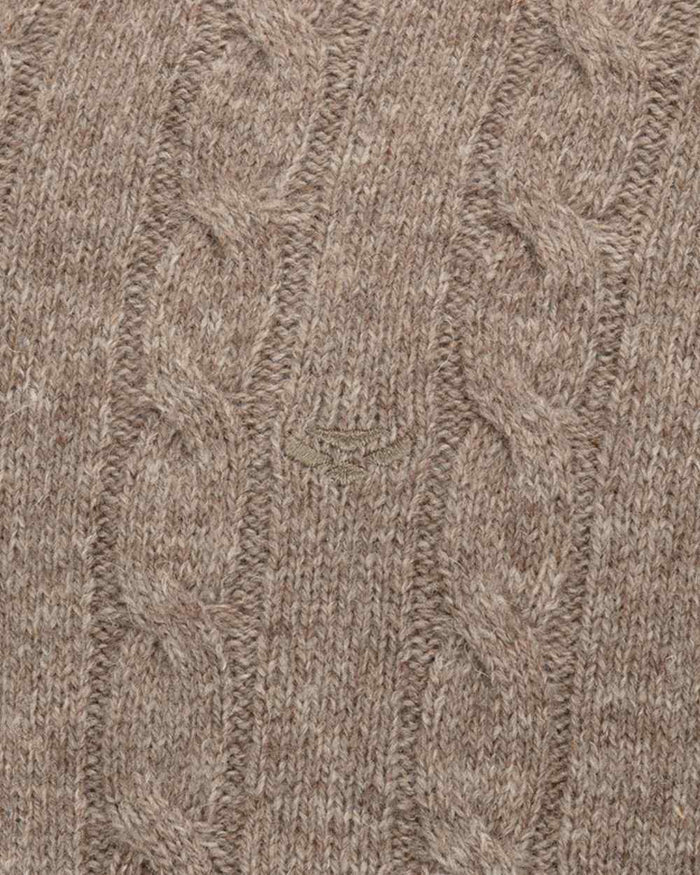 Oatmeal Marl Coloured Hoggs of Fife Mens Jedburgh II Cable Pullover on outdoor background #colour_oatmeal-marl