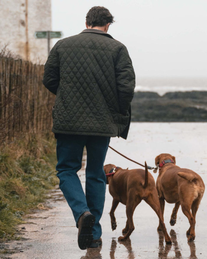 Forest Green Coloured Hoggs of Fife Mens Lochore Quilted Jacket on outdoor background #colour_forest-green