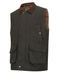 Olive Coloured Hoggs of Fife Mens Maxton Padded Waxed Waistcoat on white background #colour_olive