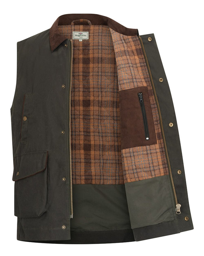 Olive Coloured Hoggs of Fife Mens Maxton Padded Waxed Waistcoat on white background #colour_olive