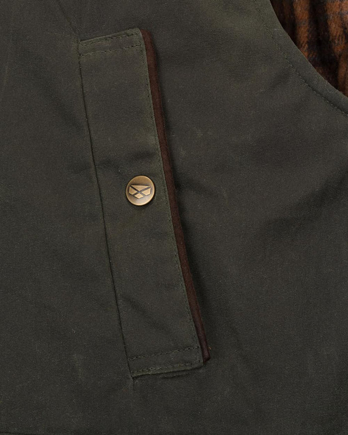 Olive Coloured Hoggs of Fife Mens Maxton Padded Waxed Waistcoat on white background #colour_olive