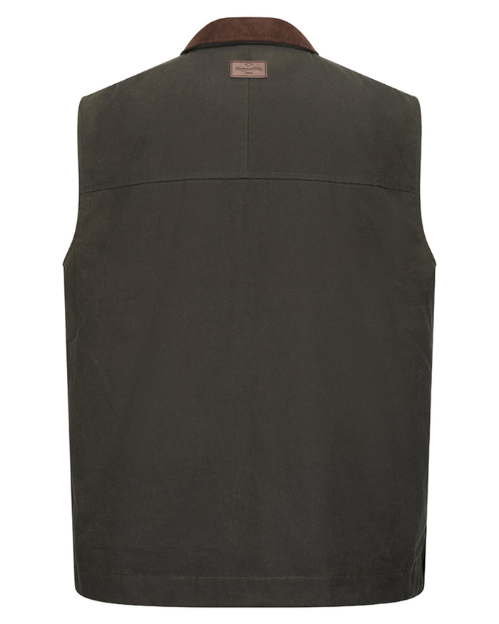 Olive Coloured Hoggs of Fife Mens Maxton Padded Waxed Waistcoat on white background #colour_olive