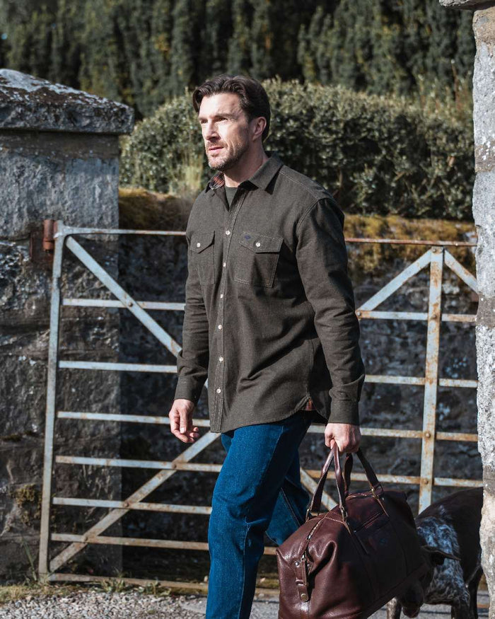 Loden Marl Coloured Hoggs of Fife Mens Moy Moleskin Shirt on outdoor background #colour_loden-marl
