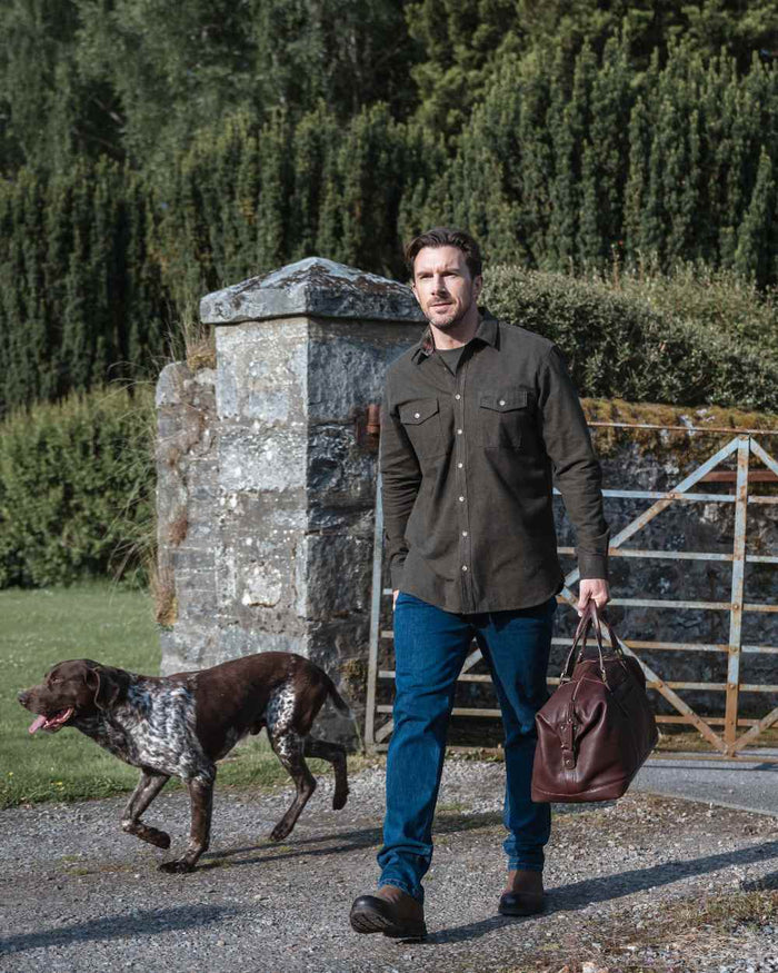 Loden Marl Coloured Hoggs of Fife Mens Moy Moleskin Shirt on outdoor background #colour_loden-marl