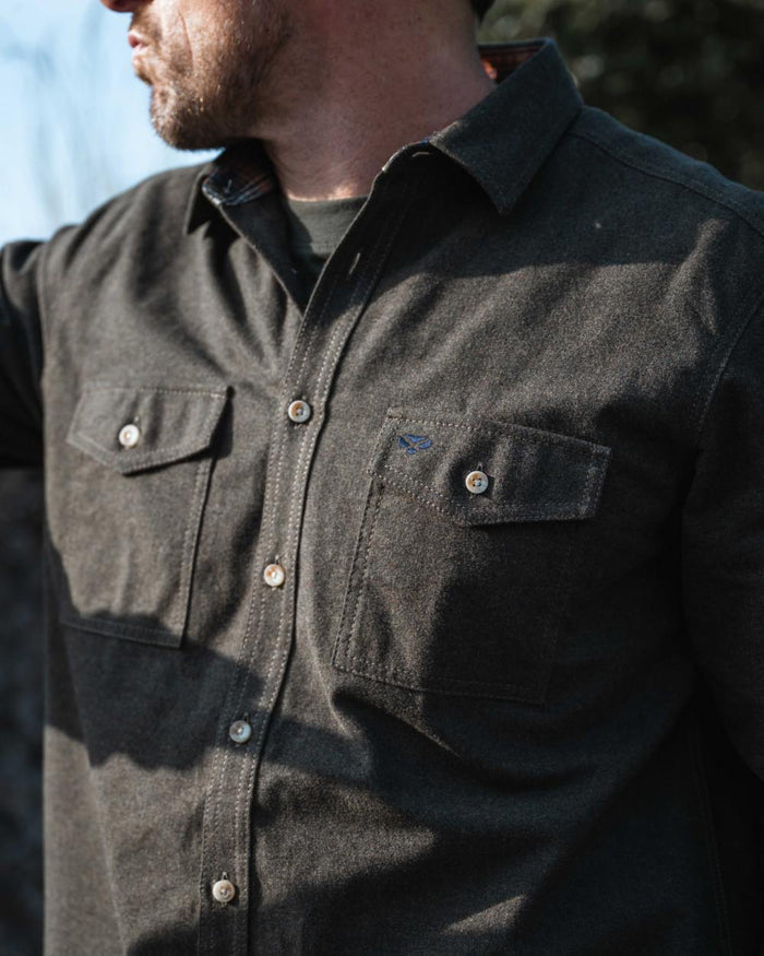 Loden Marl Coloured Hoggs of Fife Mens Moy Moleskin Shirt on outdoor background #colour_loden-marl