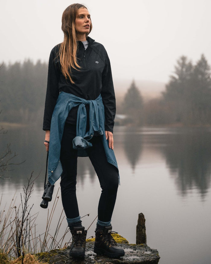 Black Coloured Hoggs of Fife Womens Skye Active Thermal Leggings on lake background #colour_black