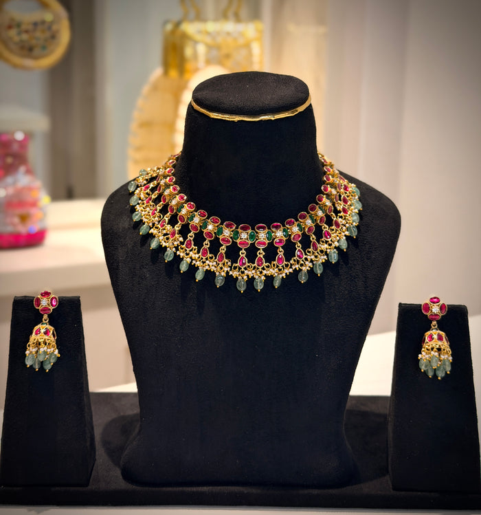 Jadau Ruby and Emerald Gold Choker Necklace Set