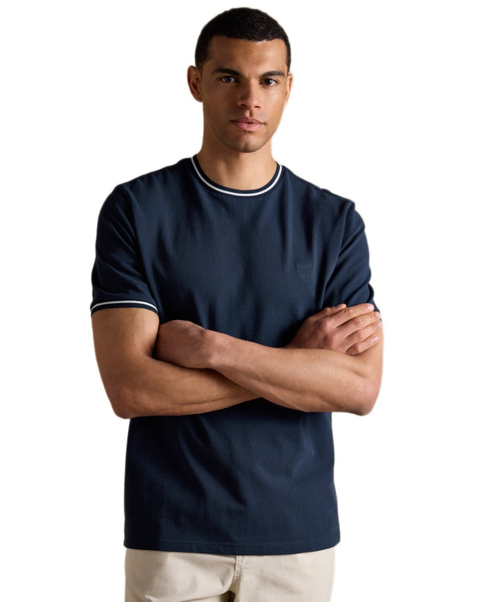 Navy coloured Joules Mens Classic Fit Cotton Pique T-Shirt on white background #colour_navy
