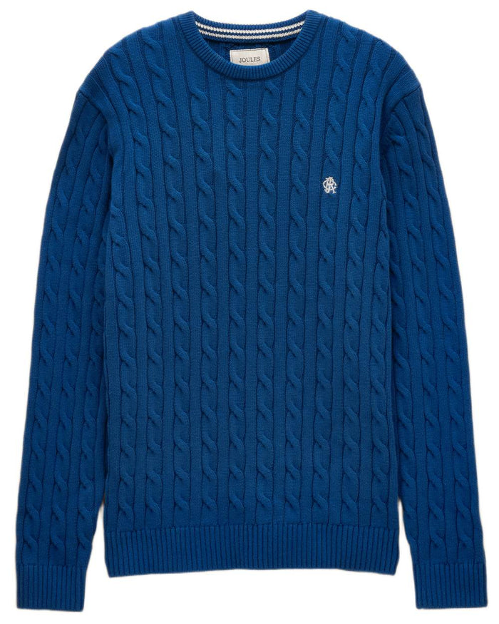 Navy coloured Joules Mens Crew Neck Cotton Cable Knit Jumper on white background #colour_navy