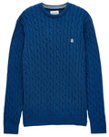 Navy coloured Joules Mens Crew Neck Cotton Cable Knit Jumper on white background #colour_navy