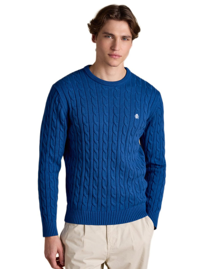 Navy coloured Joules Mens Crew Neck Cotton Cable Knit Jumper on white background #colour_navy