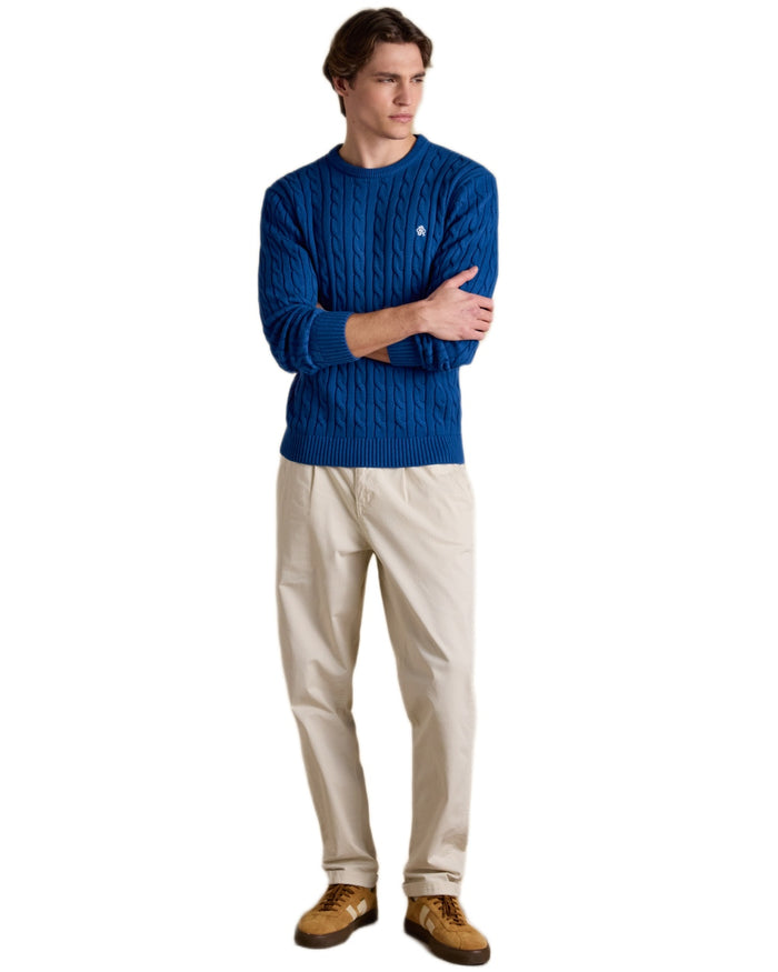 Navy coloured Joules Mens Crew Neck Cotton Cable Knit Jumper on white background #colour_navy