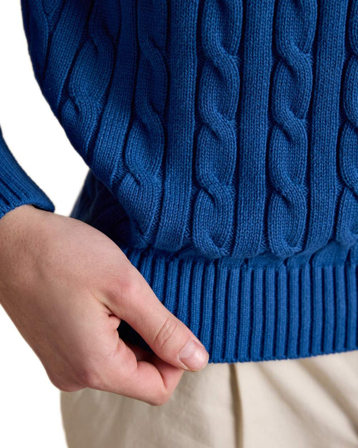 Navy coloured Joules Mens Crew Neck Cotton Cable Knit Jumper on white background #colour_navy