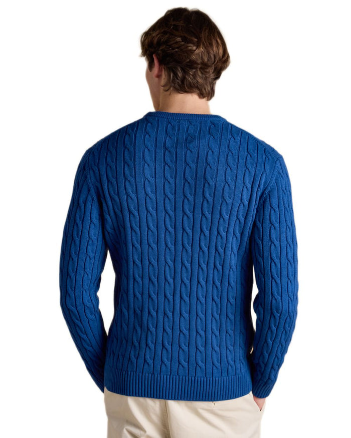 Navy coloured Joules Mens Crew Neck Cotton Cable Knit Jumper on white background #colour_navy