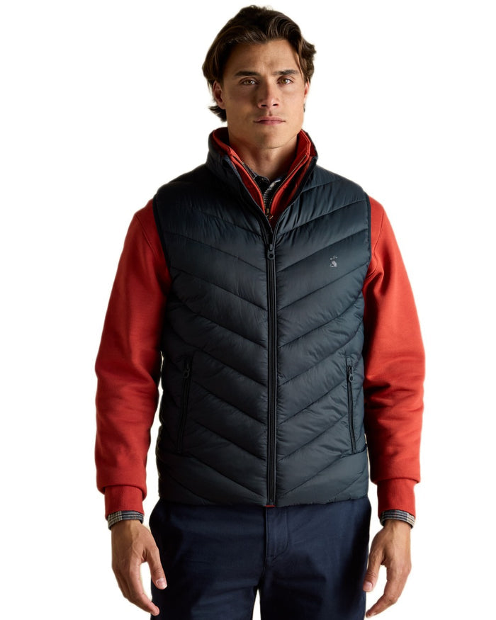 Navy coloured Joules Mens Garrett Showerproof Padded Gilet on white background #colour_navy
