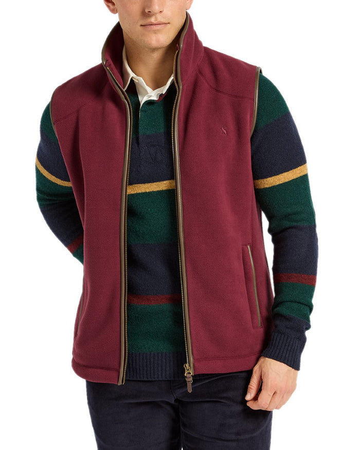 Burgundy Red Coloured Joules Mens Heritage Fleece Gilet on white background #colour_burgundy-red