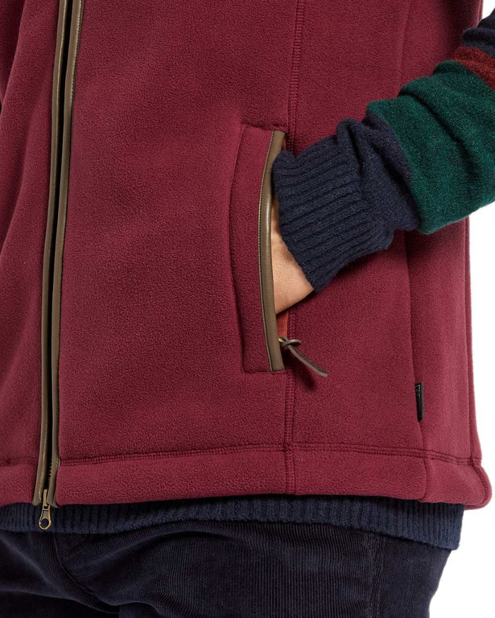 Burgundy Red Coloured Joules Mens Heritage Fleece Gilet on white background #colour_burgundy-red