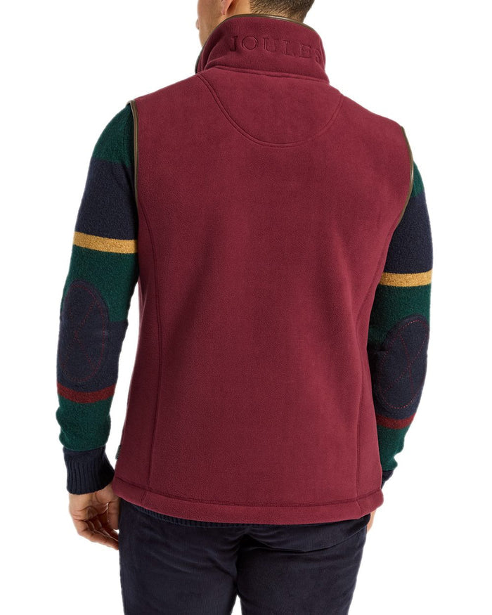 Burgundy Red Coloured Joules Mens Heritage Fleece Gilet on white background #colour_burgundy-red