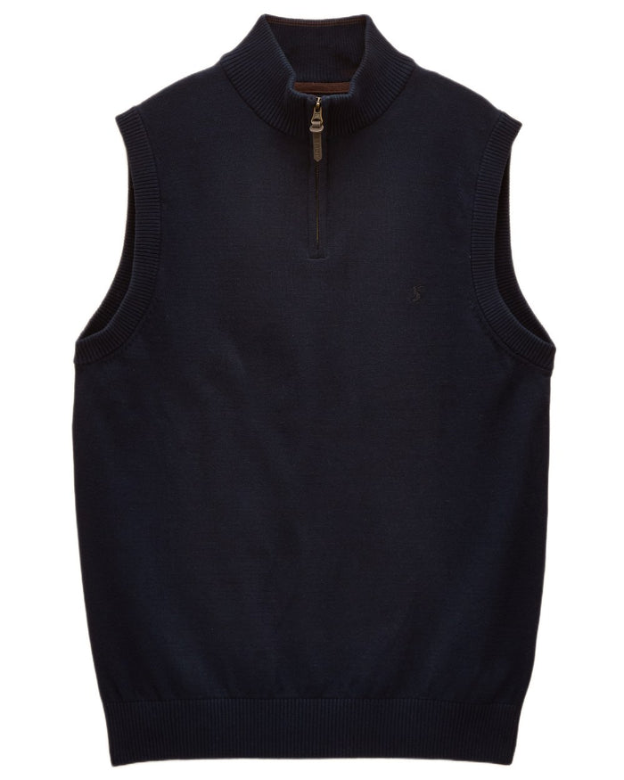 Navy coloured Joules Mens Hillside Quarter Zip Knitted Tank Top on white background #colour_navy