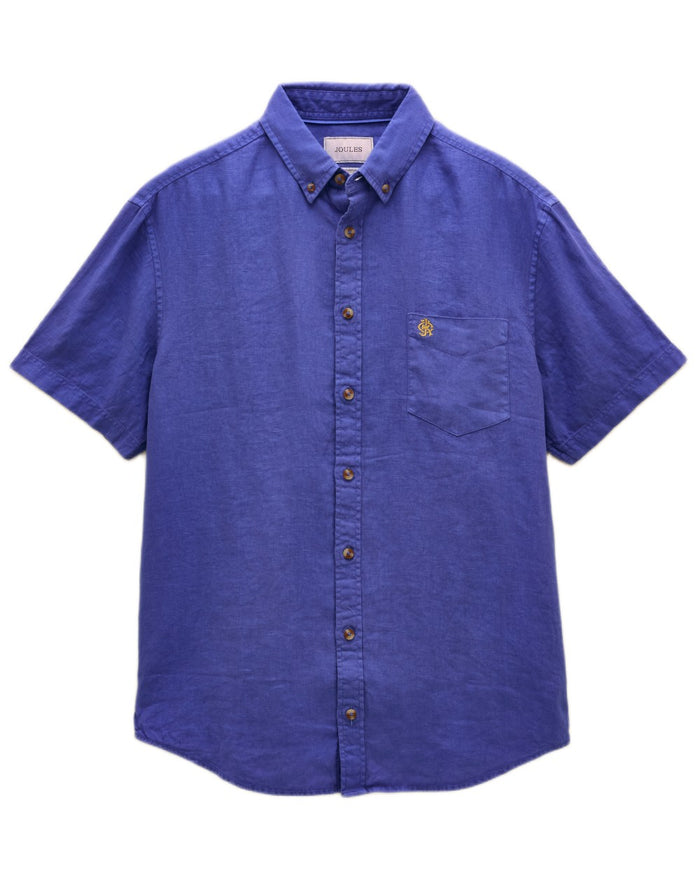 Blue coloured Joules Mens Pure Linen Short Sleeve Classic Fit Shirt on white background #colour_blue